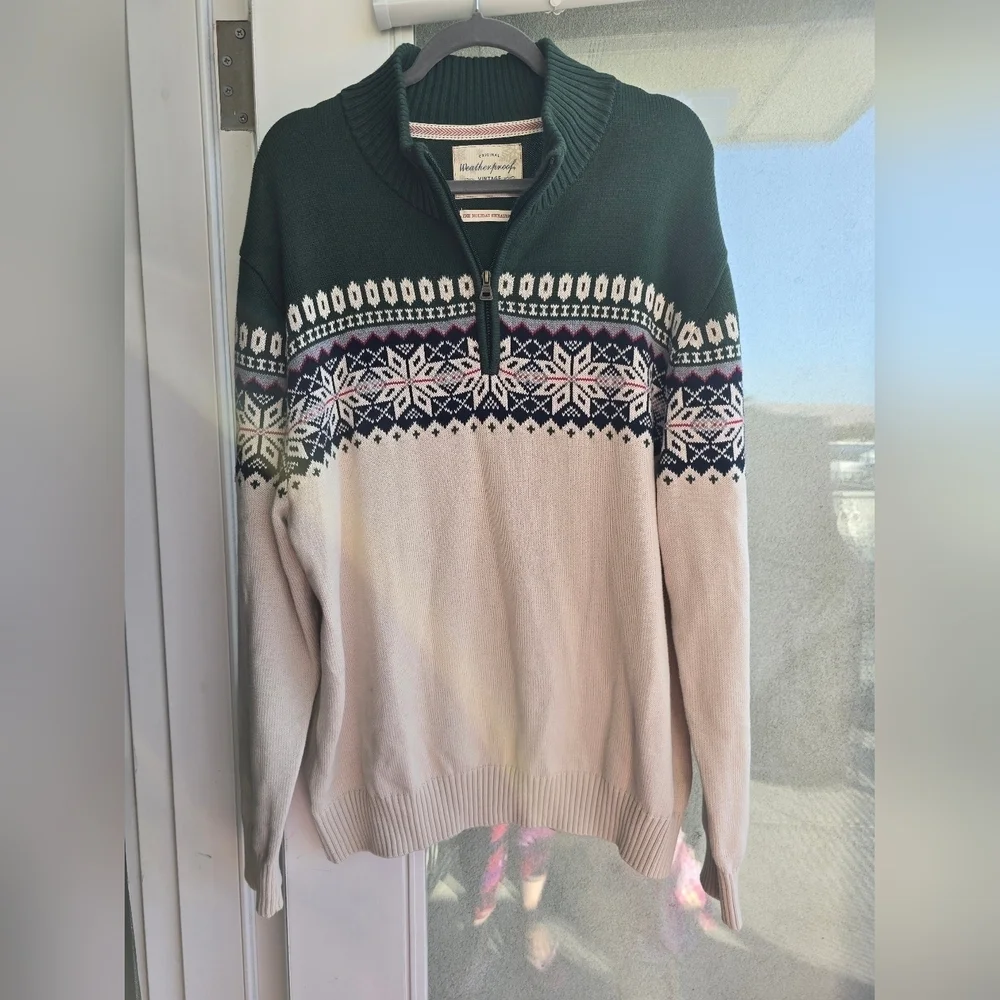 Weatherproof Nordic Green and Cream Zip Up Sweater Vintage